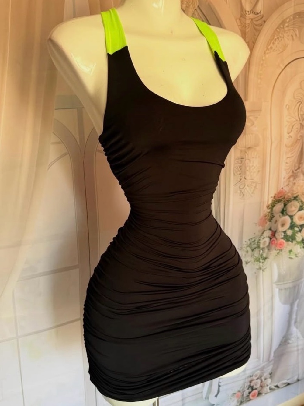 Y2K Arden B Neon Yellow Racerback Stretchy Bodycon Black Tank Dress